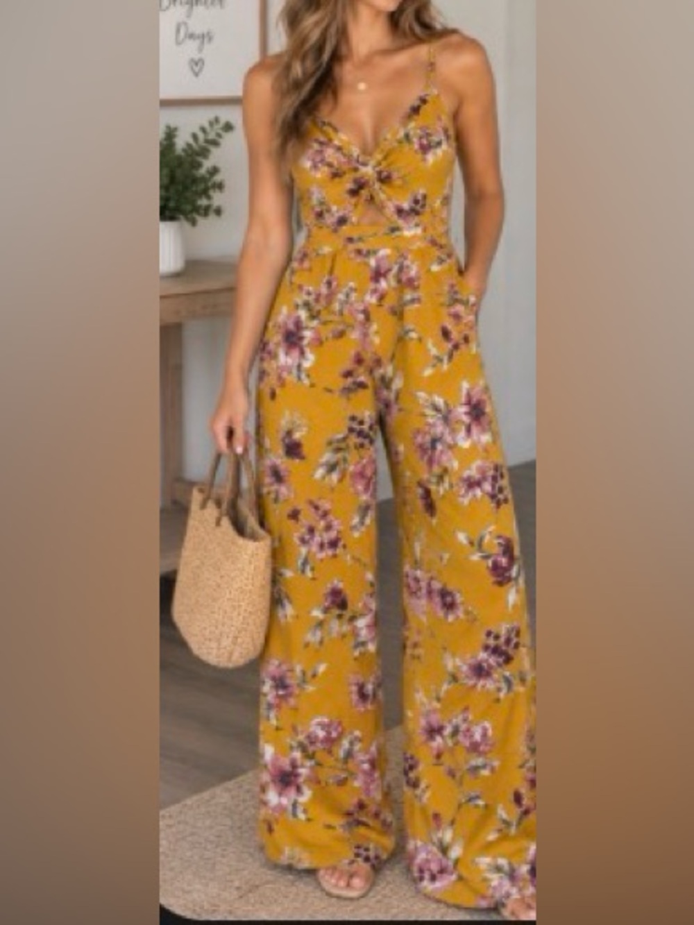 Xhilaration Mustard Floral Wide-Leg Jumpsuit